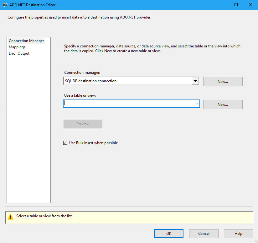 Screenshot of the the ADO.NET Destination Editor. The Connection Manager tab is visible and contains controls for configuring data flow properties.