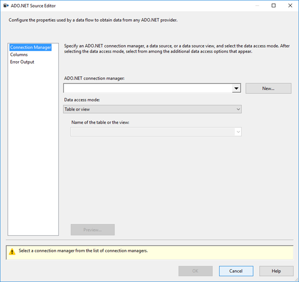 Screenshot of the ADO.NET Source Editor. The Connection Manager tab is visible, and controls are available for configuring data flow properties.