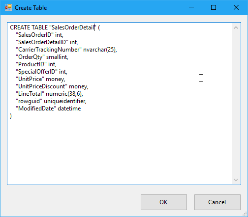 Screenshot of the Create Table dialog box. S Q L code is visible for creating a table named SalesOrderDetail.