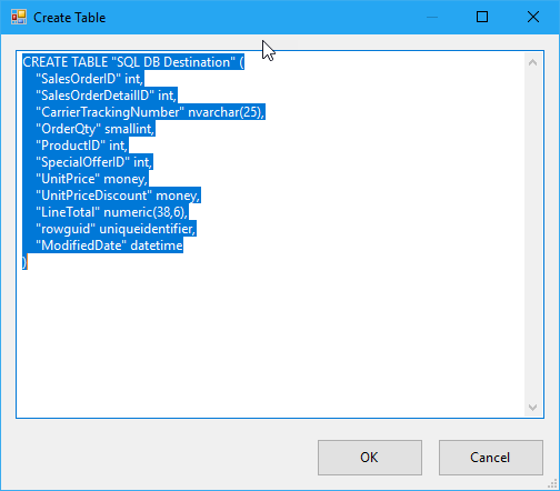 Screenshot of the Create Table dialog box. S Q L code for creating a destination table is visible.