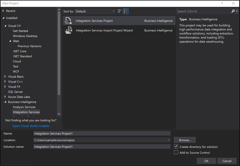 Screenshot of the New Project dialog box with the Integration Services Project - Business Intelligence template highlighted.