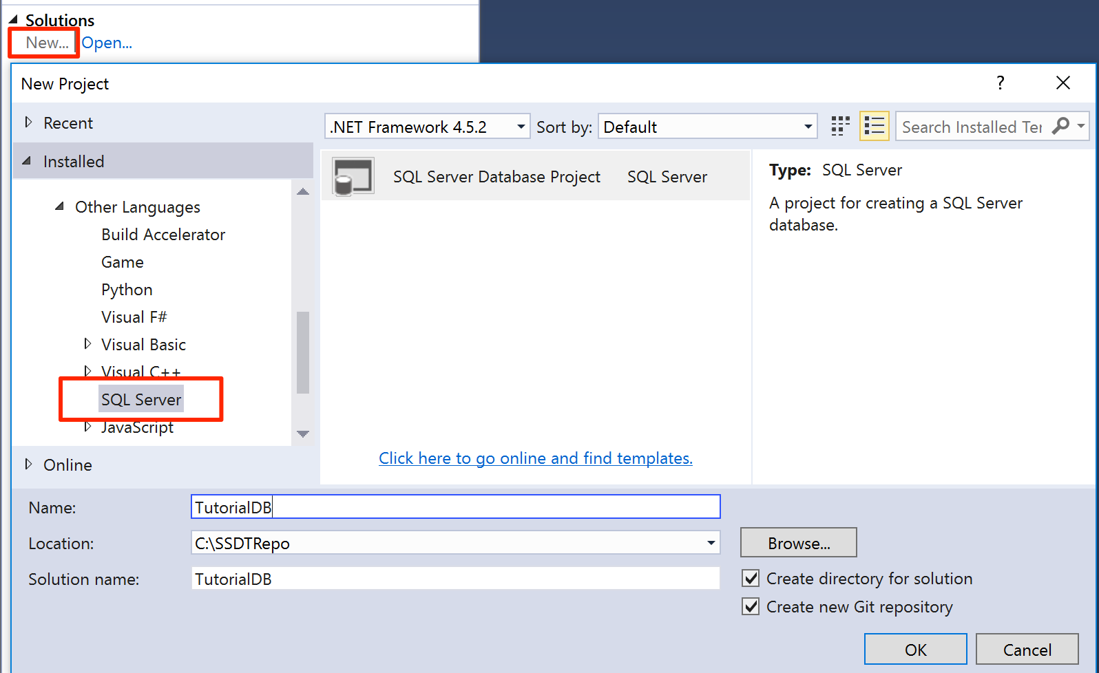 Screenshot of the Solutions section with the New option and SQL Server option called out.