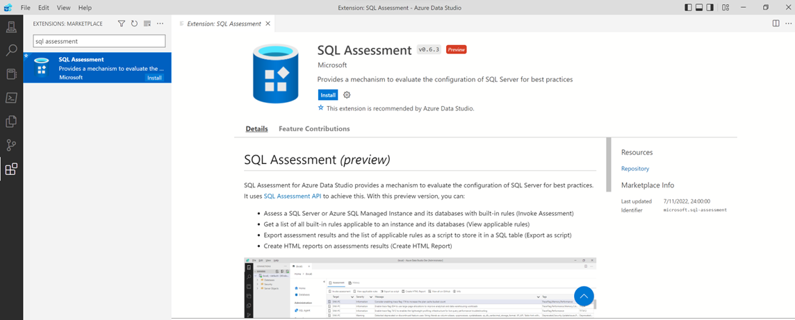 Screenshot showing the SQL Assessment extension in Azure Data Studio.