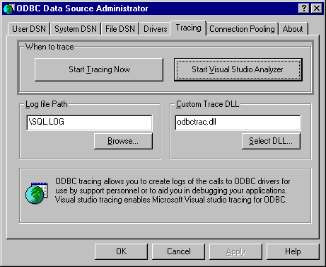 ODBC Data Source Administrator Tracing tab