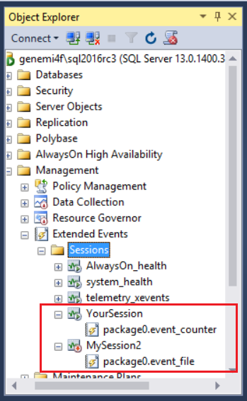 Node for your new event session named YourSession, in the Object Explorer, under Management > Extended Events > Sessions
