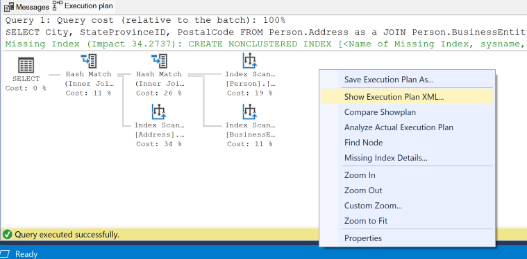 Screenshot showing the menu that appears after right-clicking on an execution plan.