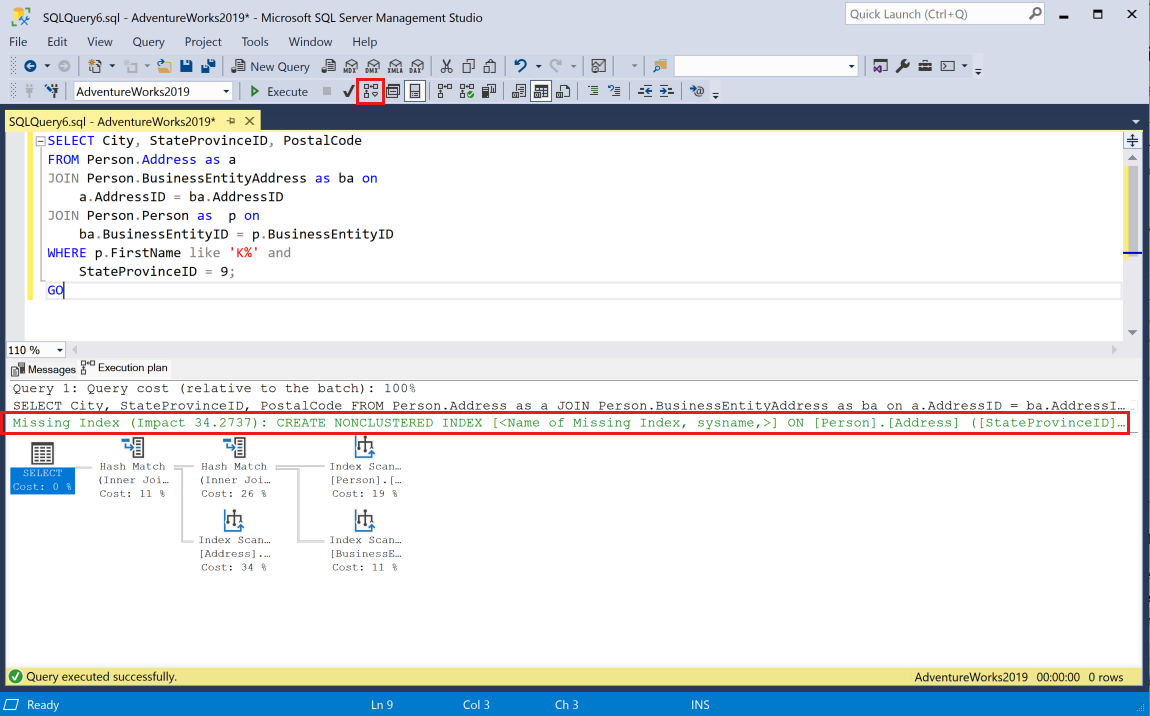 A graphic execution plan in SQL Server Management Studio. A missing index request appears at the top of the missing index request in green font, directly below the Transact-SQL statement.