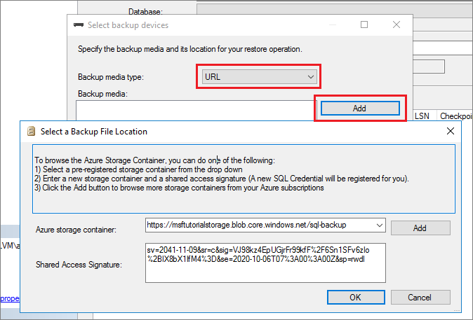 Screenshot of the Select a Backup File Location dialog box with the Shared Access Signature field populated.