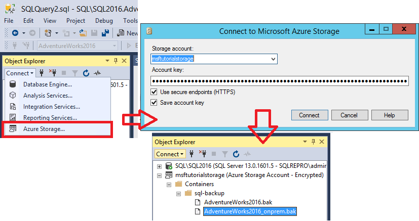 Screenshots indicating the multistep process to connect to Azure Storage account.