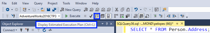 A screenshot from SQL Server Management Studio showing the estimated execution plan button on the toolbar.