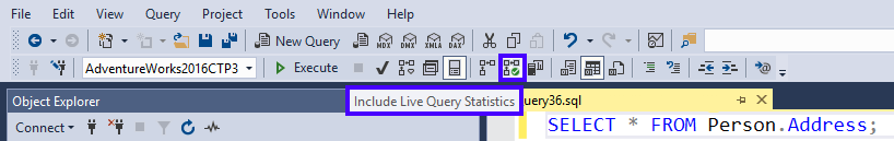 Live Query Stats button on toolbar