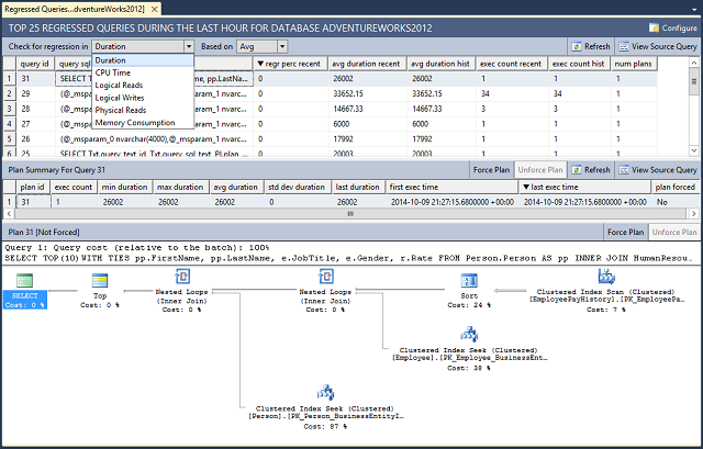 Screenshot of the SQL Server Regressed Queries report in SSMS Object Explorer.