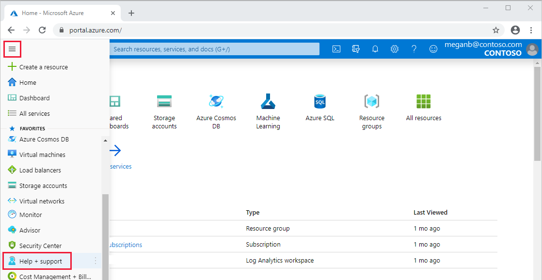 A screenshot of the Azure portal identifying the help and support link.