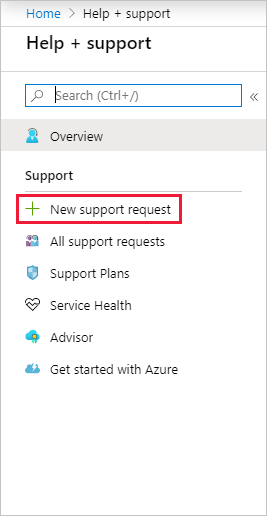 A screenshot of the Azure portal showing how to create a new support request.