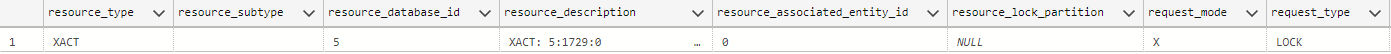 A screenshot of the result set of a query on sys.dm_tran_locks for a single session shows only one lock when optimized locking is enabled.