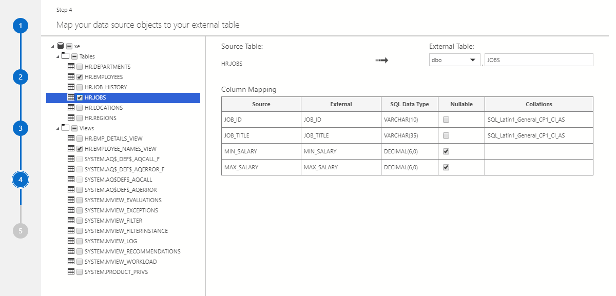 Screenshot showing Step 4 - Map your data source objects to your external table.