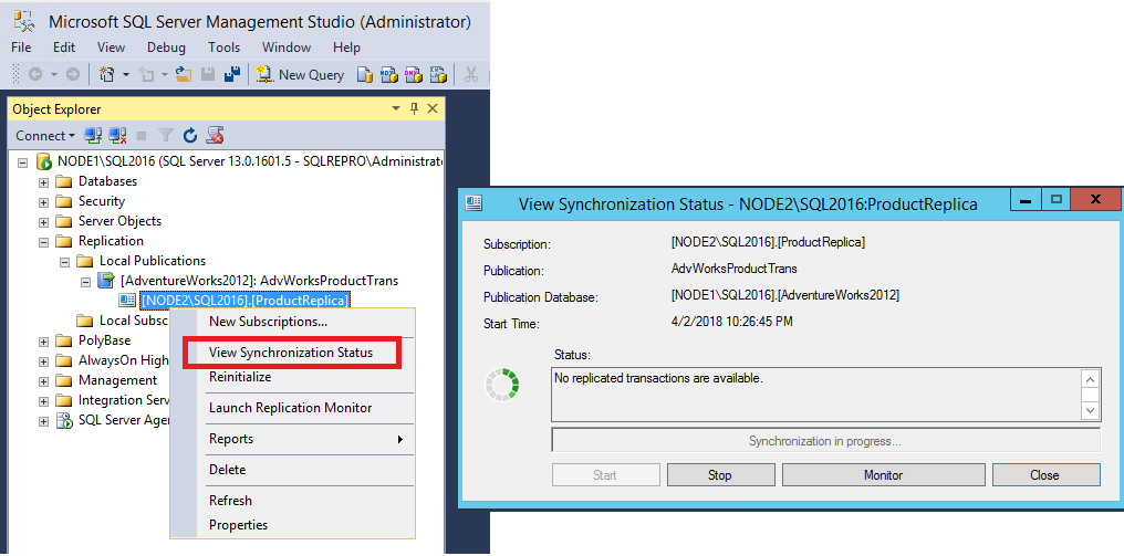 Selections for opening the "View Synchronization Status" dialog box
