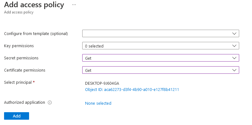 Screenshot of adding access policy to the key vault in the Azure portal.