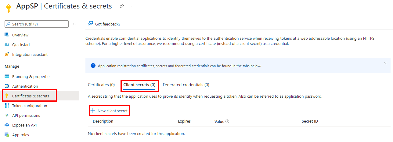 Screenshot of creating a new client secret for an application in the Azure portal