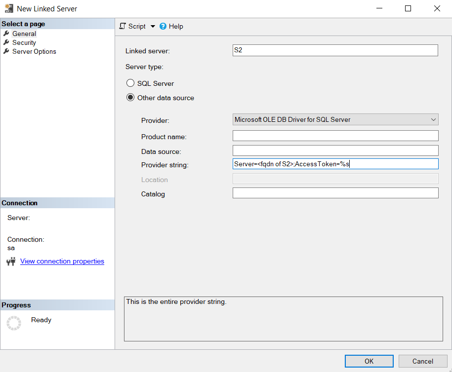 Screenshot of creating linked server with access token authentication