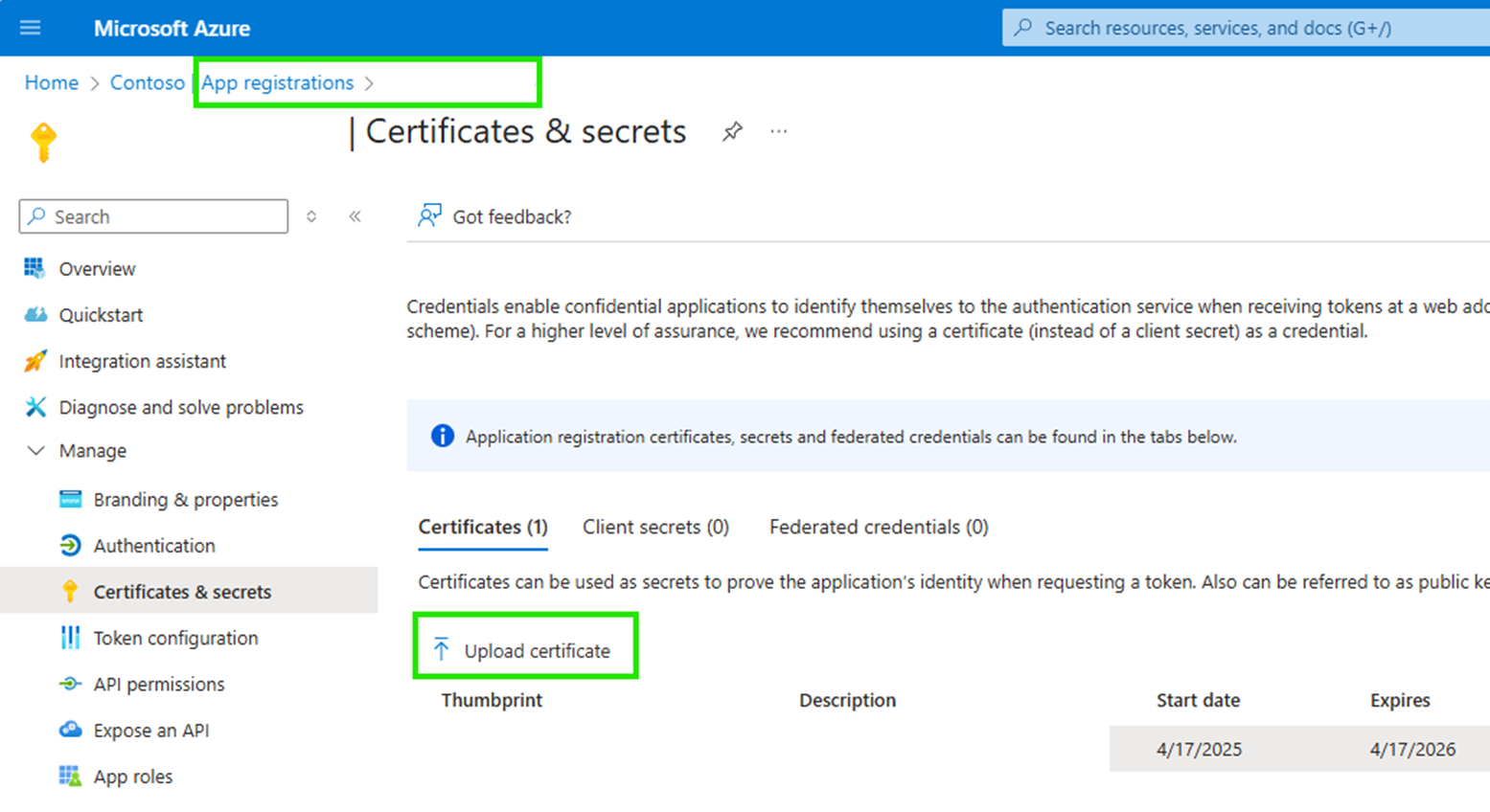 Screenshot uploading a certificate for the application in the Azure portal.