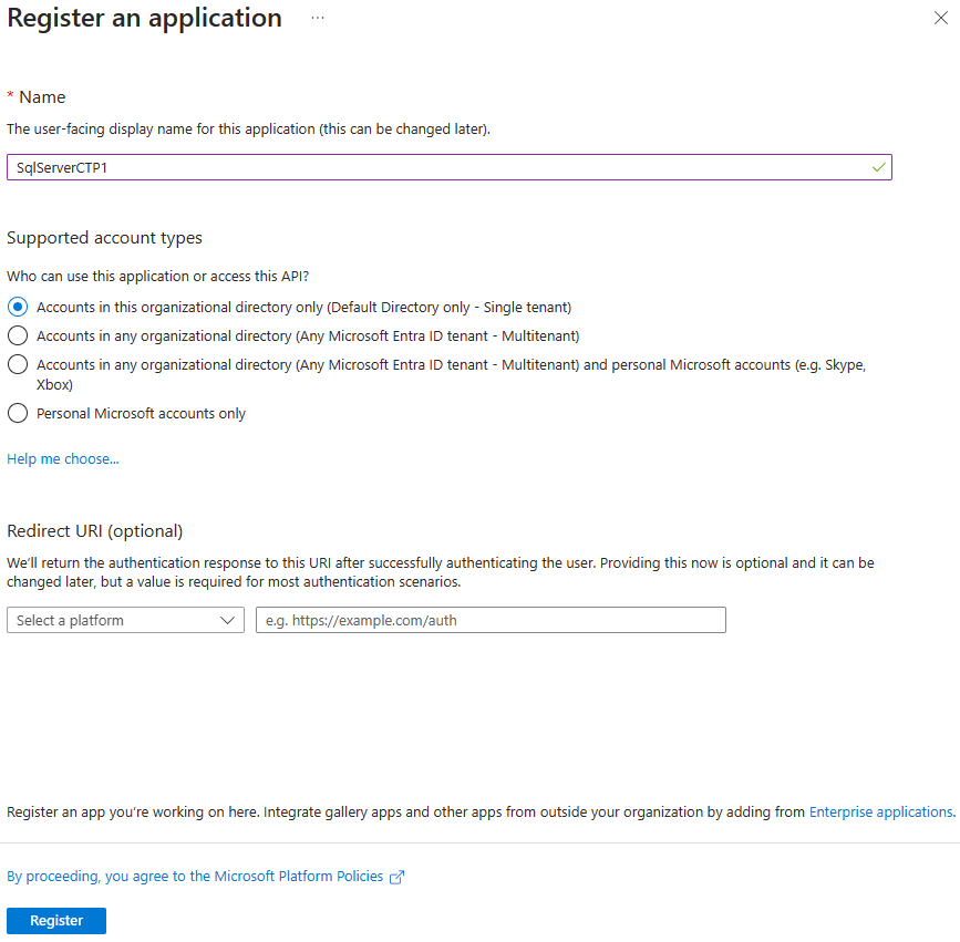 Screenshot of registering application in the Azure portal.