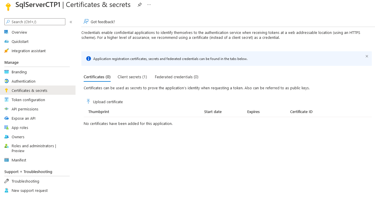 Screenshot of certificate and secrets menu in the Azure portal.