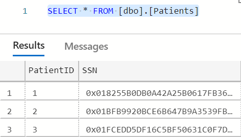 Screenshot of the SELECT * FROM [dbo].[Patients] query and the results of the query shown as binary ciphertext values.