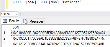 Screenshot of the SELECT [SSN] FROM [dbo].[Patients] query and the results of the query shown as binary ciphertext values.