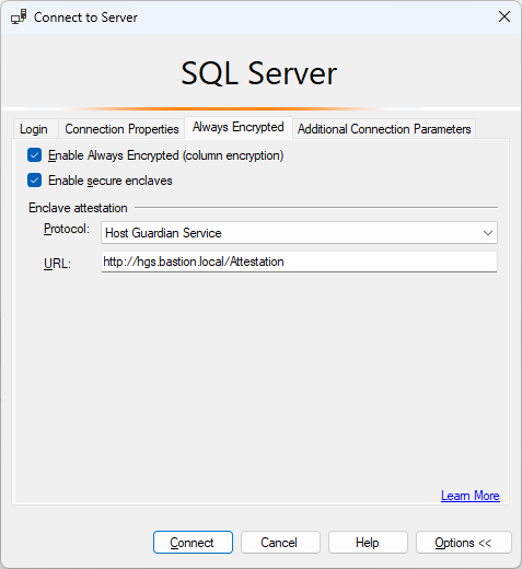 Screenshot of the connect to server Always Encrypted tab with attestation using SSMS.