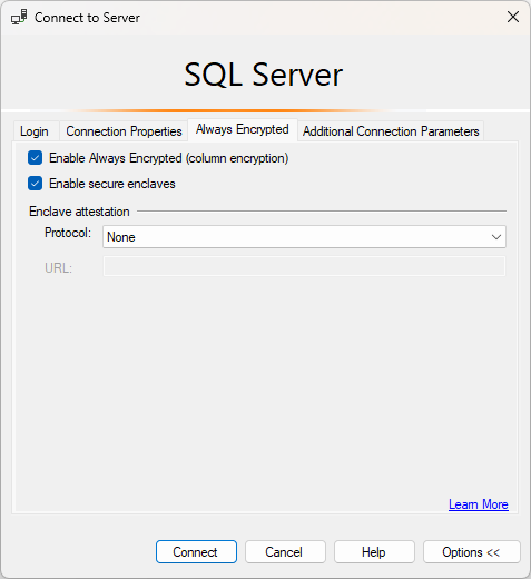 Screenshot of the connect to server Always Encrypted tab without attestation using SSMS.