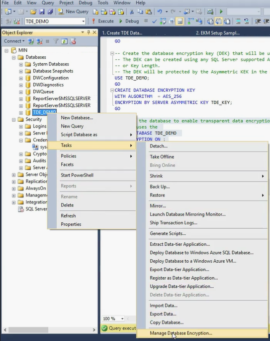 Screenshot showing Object Explorer with Tasks > Manage Database Encryption selected.