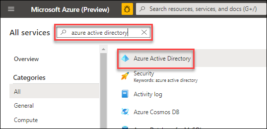 Screenshot of the All Azure services pane.