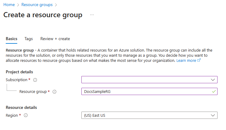 Screenshot of the Create a resource group pane.