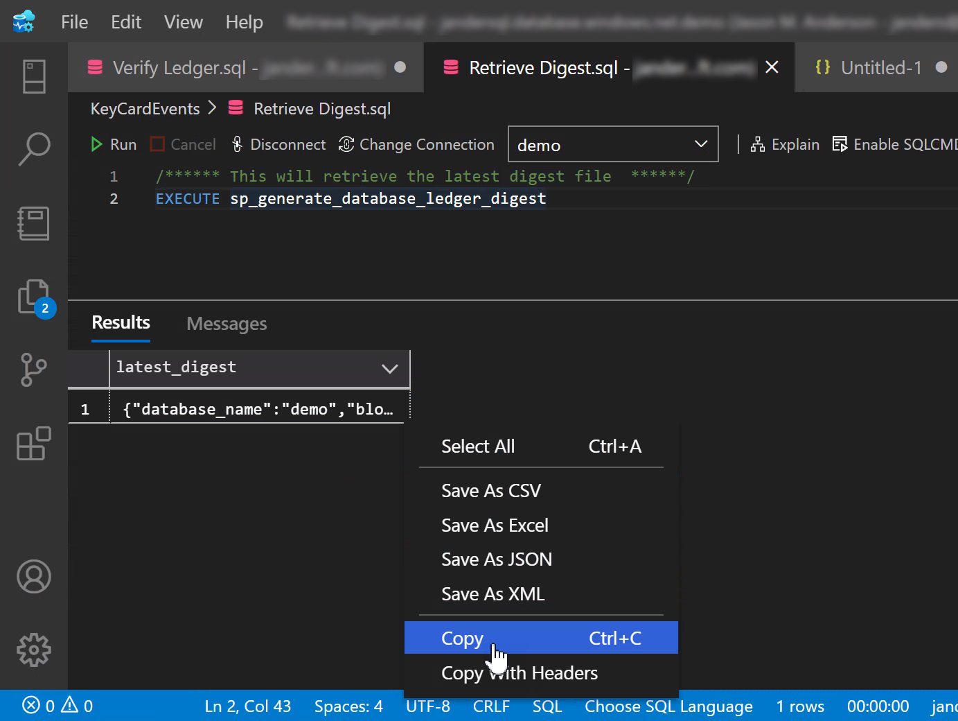 Screenshot that shows retrieving digest results by using Azure Data Studio.