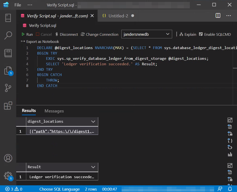 Screenshot of running ledger verification by using Azure Data Studio.