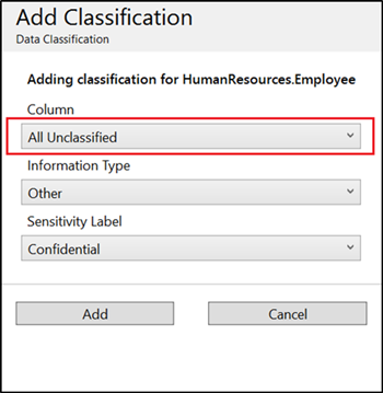 screenshot of S S M S data classification selecting all unclassified columns