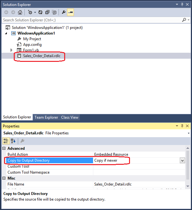 Screenshot of configuring Copy To Output setting in the Properties window.