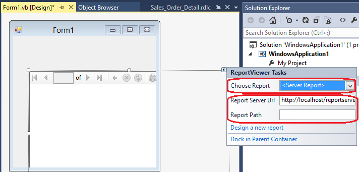 Screenshot of selecting server report in the ReportViewer Tasks smart tag.