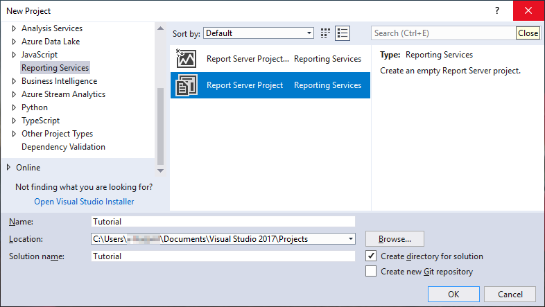 Screenshot of the New Project dialog box showing Reporting Services selected and the Report Server Project template highlighted.