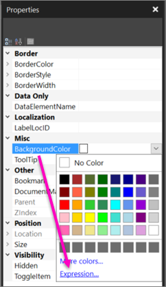 Screenshot of the Properties box showing how to associate an expression with a BackgroundColor.