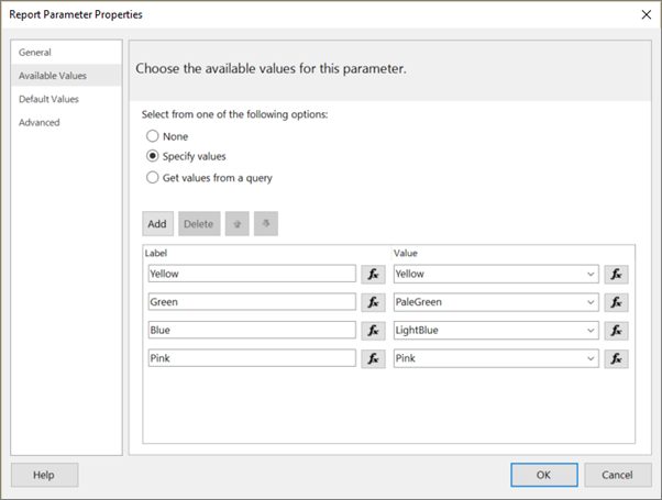 Screenshot of the Report Parameter Properties dialog box showing the Choose the available values for this parameter step.