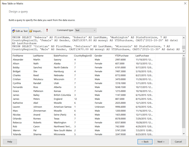Screenshot of the Design a query step of the New Table or Matrix wizard.