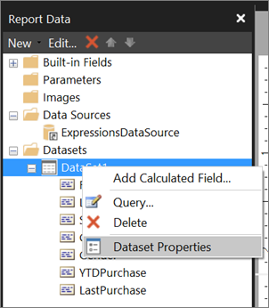 Screenshot showing how access the Dataset Properties in report builder.