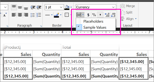 Screenshot of the report builder Sample Values option.