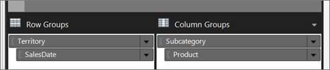 Screenshot showing the report builder Row Groups and Column Groups.