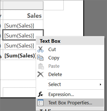 Screenshot of the Report Builder Text Box Properties option.