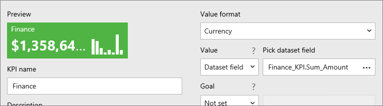 Screenshot of the KPI preview showing the Value format option set to Currency.