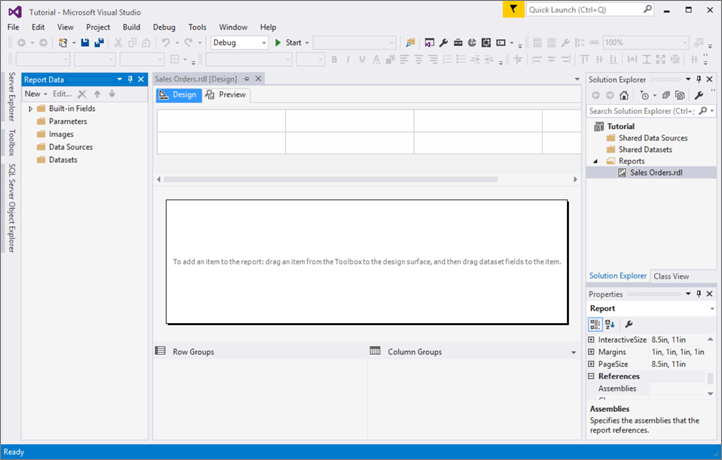 Screenshot of Visual Studow showing the Report Designer and the Sales Orders report in Design view.