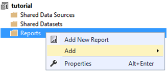 Screenshot of Solution Explorer showing Reports > Add > New Item selected.